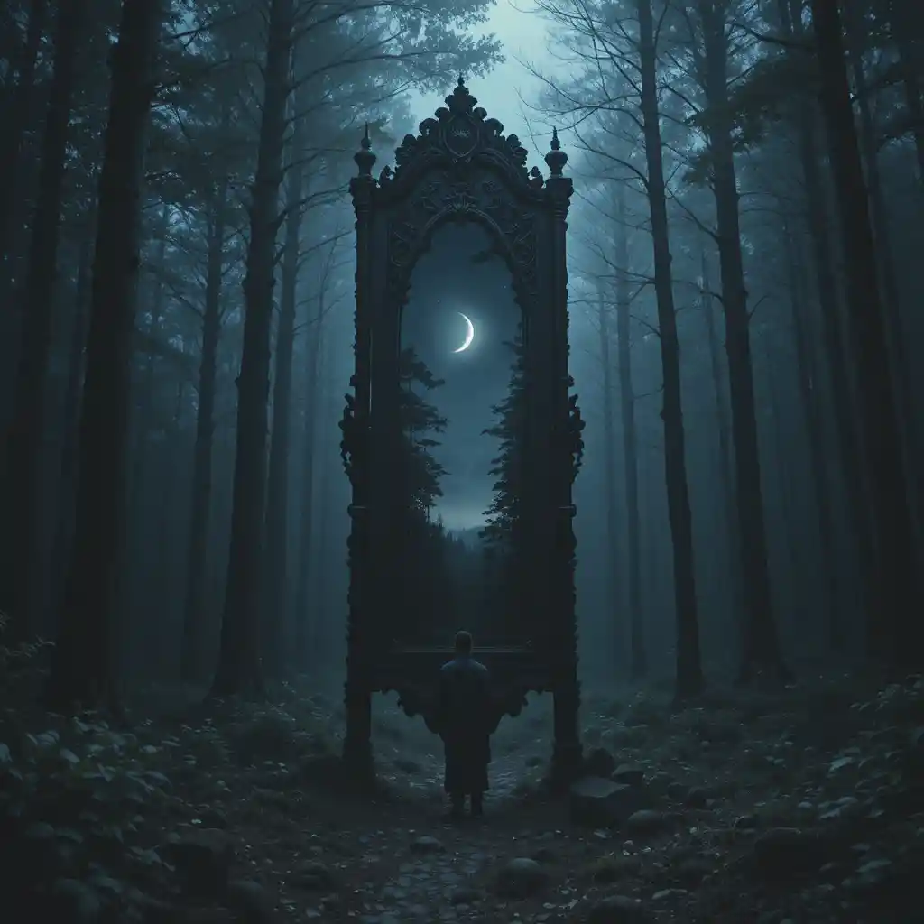 Tall forest mirror reflecting a somber night landscape