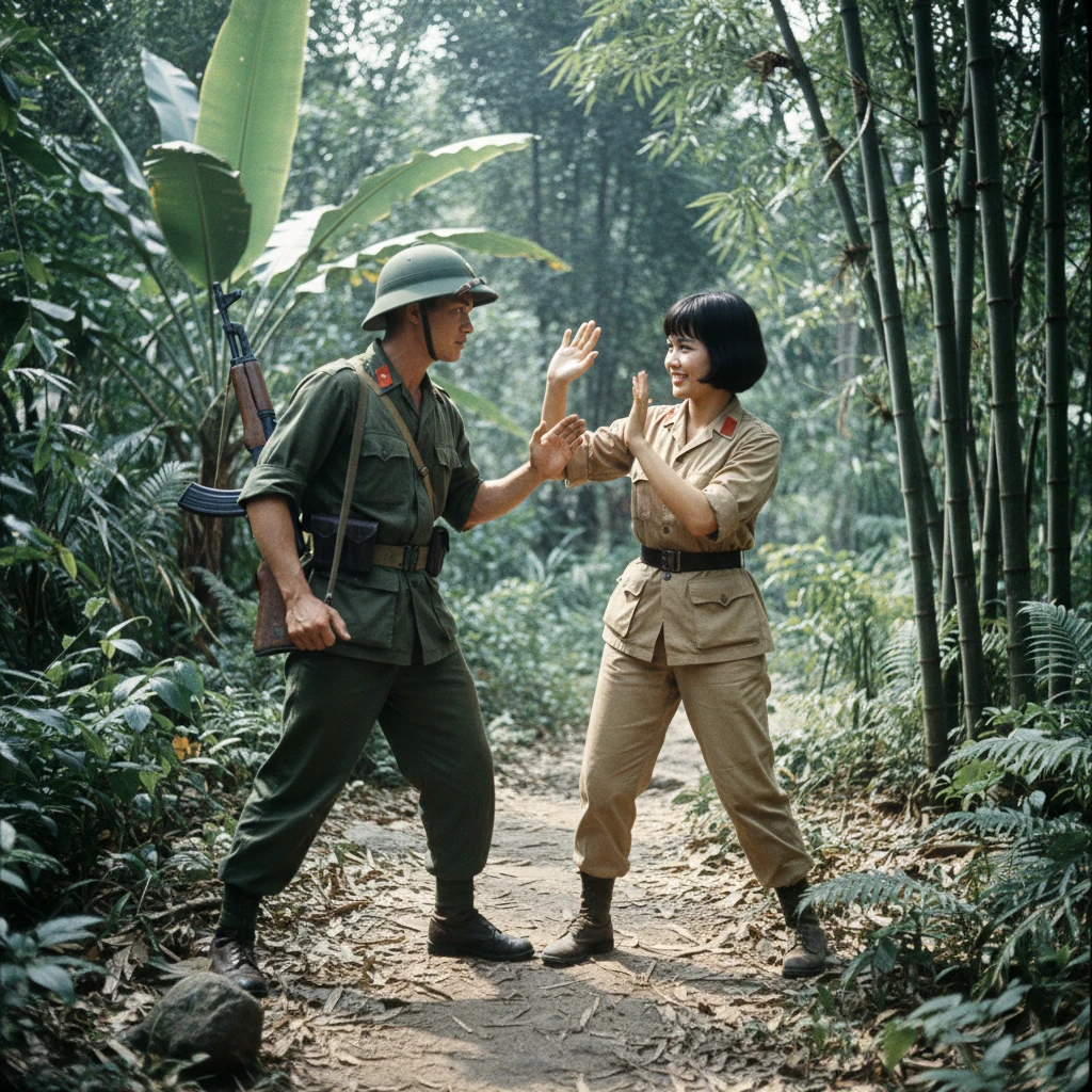 Soldats nord-vietnamiens et sud-vietnamiens s’entraînant dans la jungle