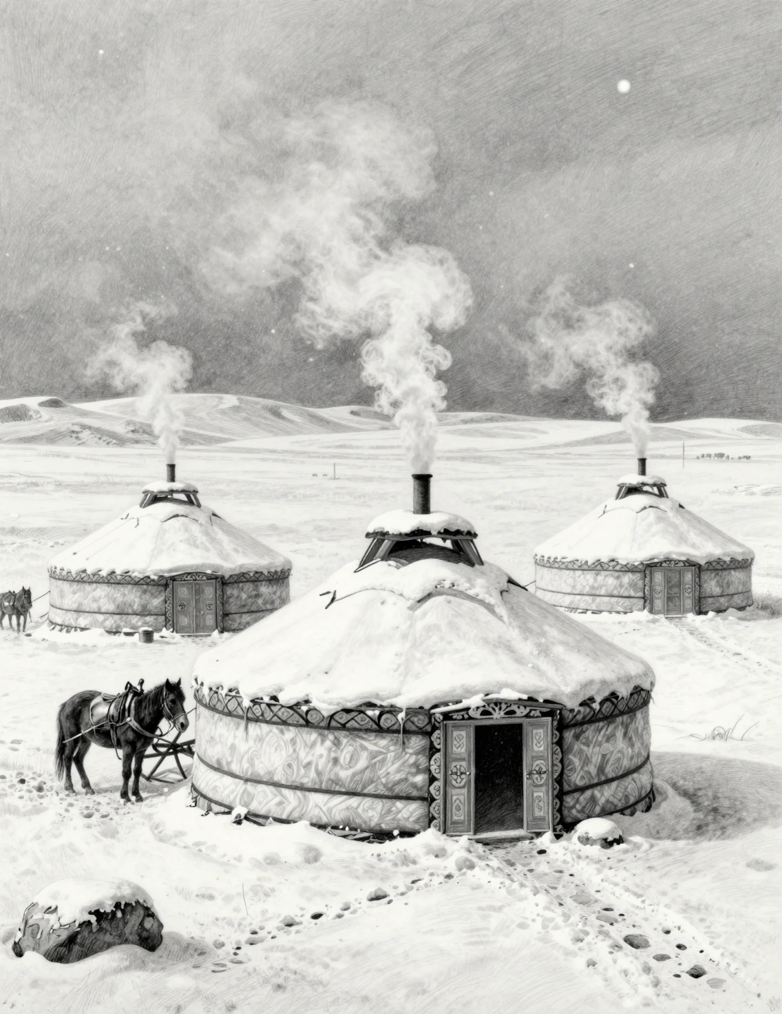 Mongolian yurts in a peaceful snowy winter steppe