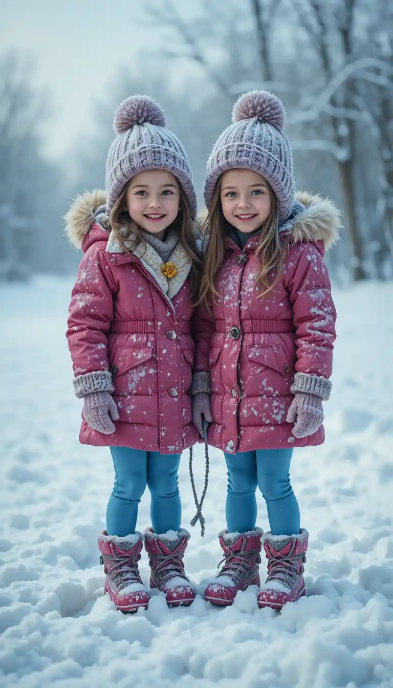 Young girls shivering together in a cold snowy landscape
