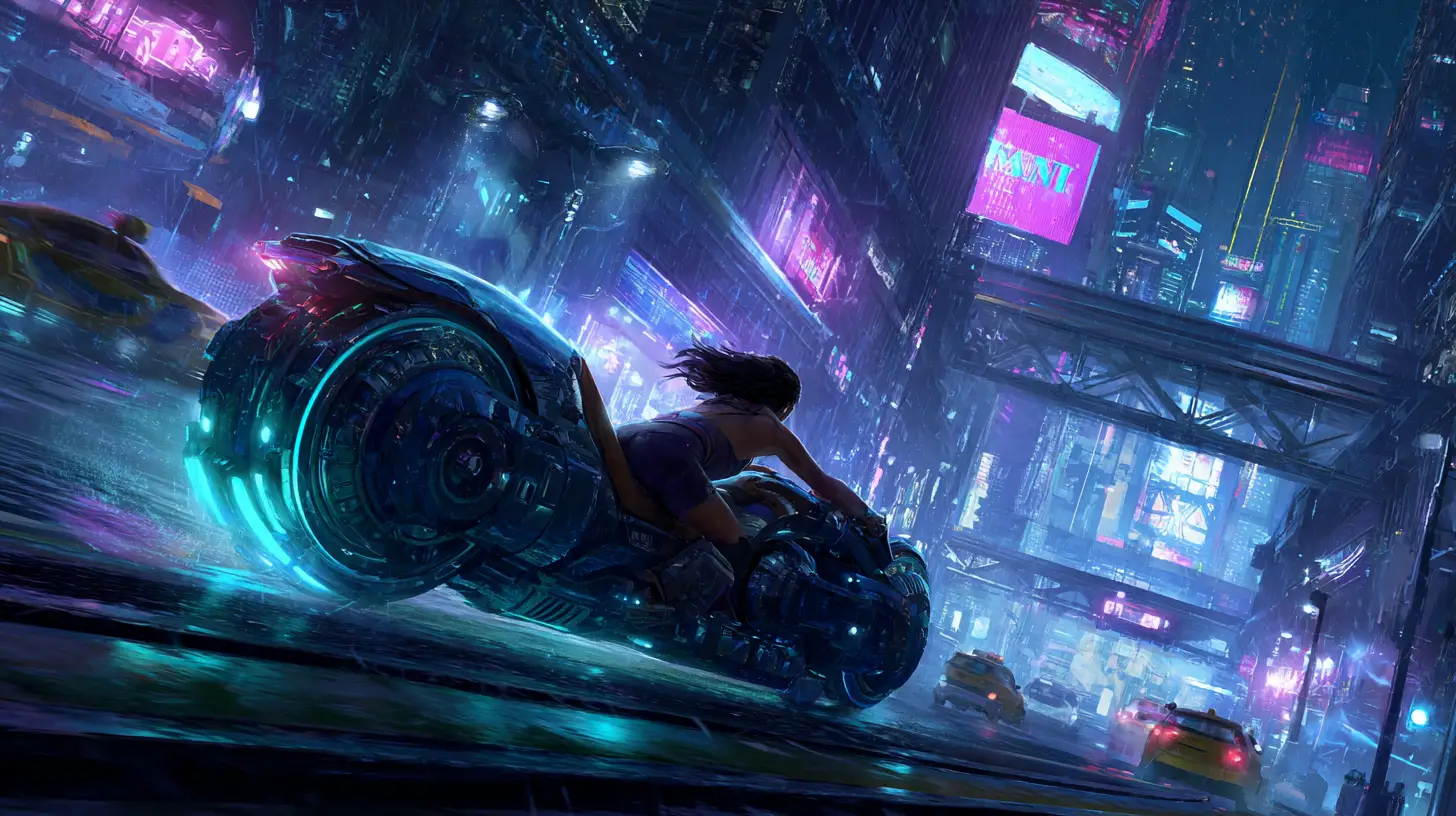 Woman on hovercraft racing through neon cyberpunk city