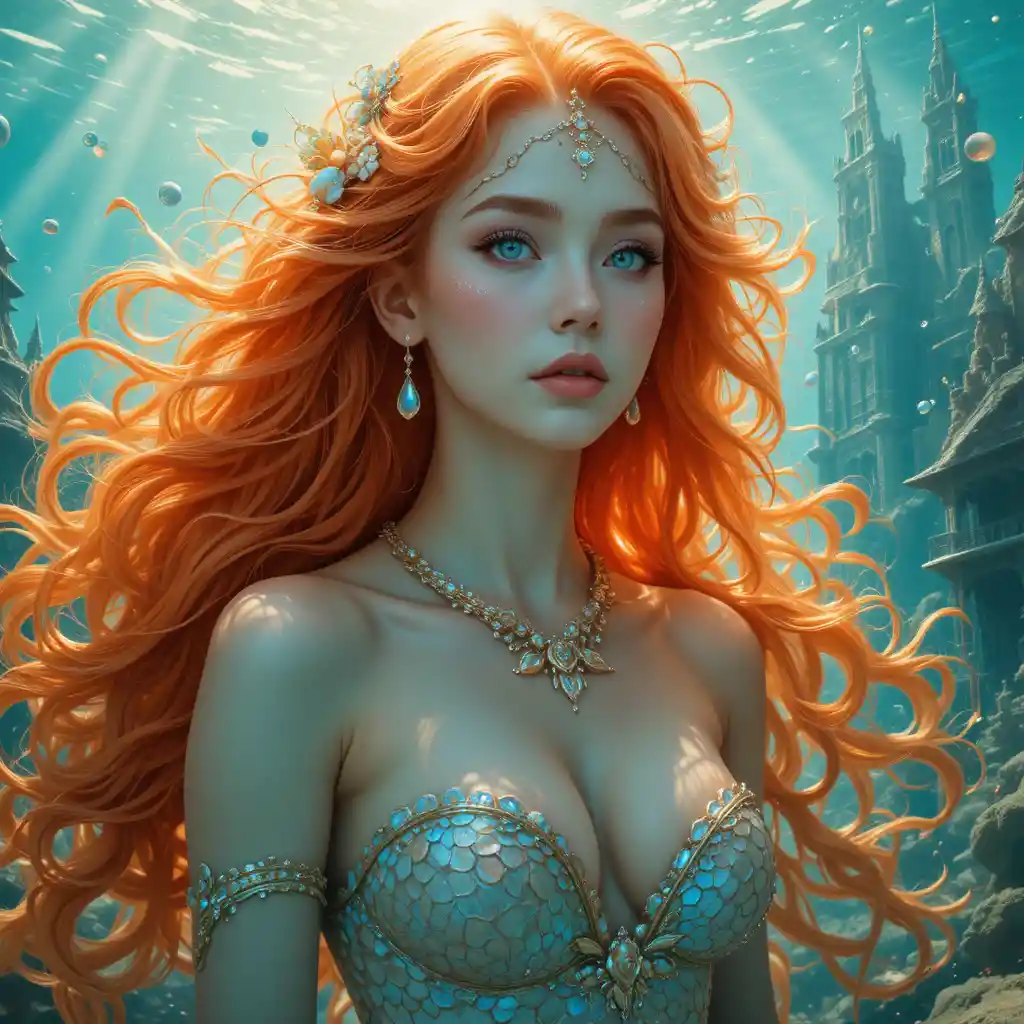 Fiery haired sea goddess in a glowing underwater realm