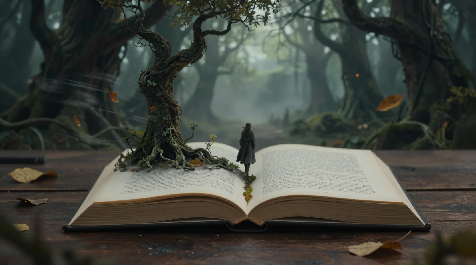 Foresta Incantata che Sgorga da un Libro Aperto su una Scrivania