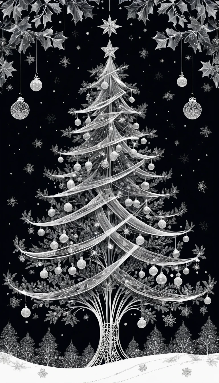 Albero di Natale a inchiostro in una fiabesca scena invernale