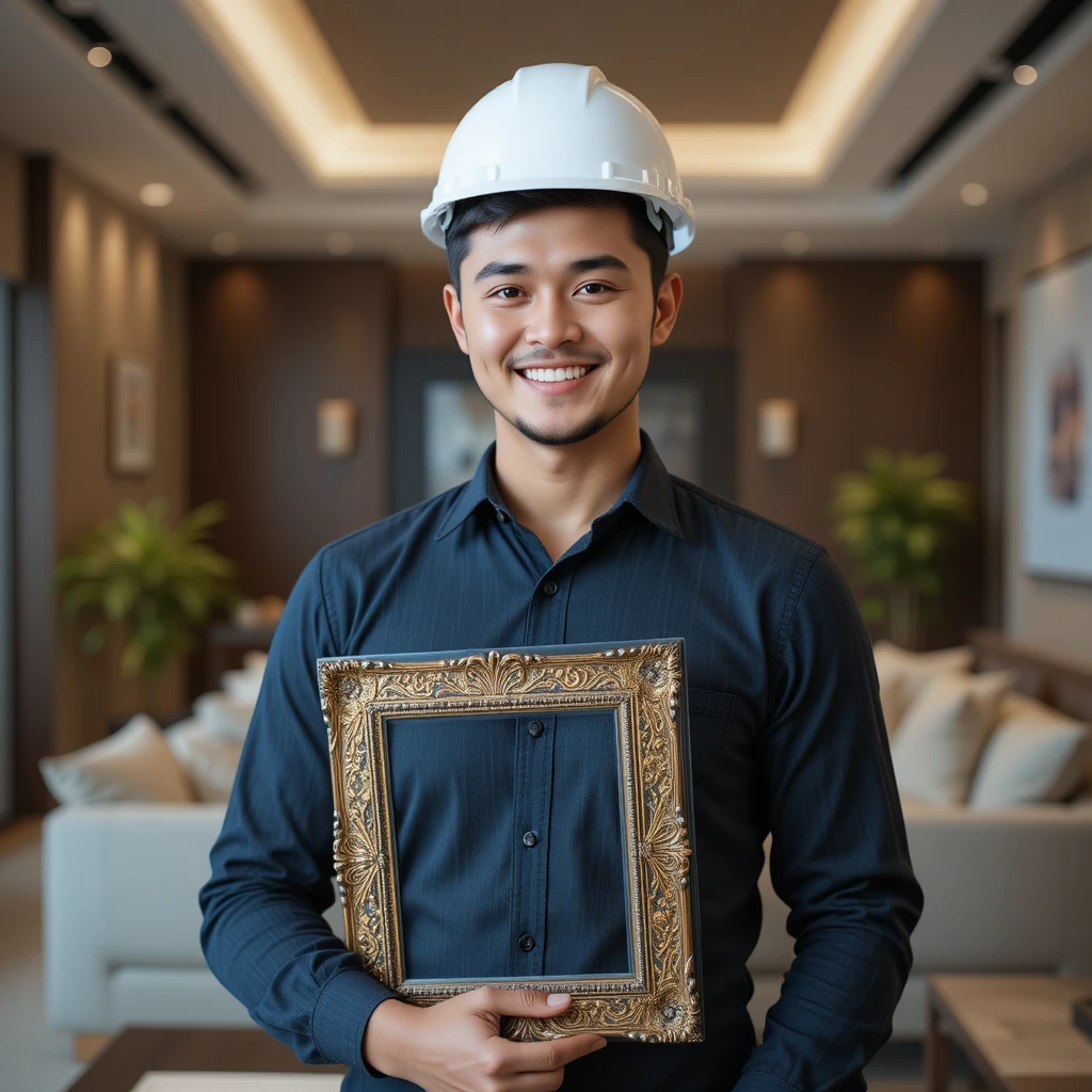 Retrato de jovem engenheiro sorridente em sala de estar moderna
