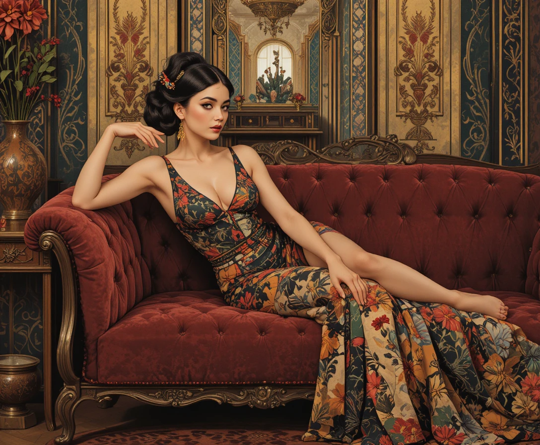 Donna glamour sdraiata su un divano di velluto in una stanza art déco