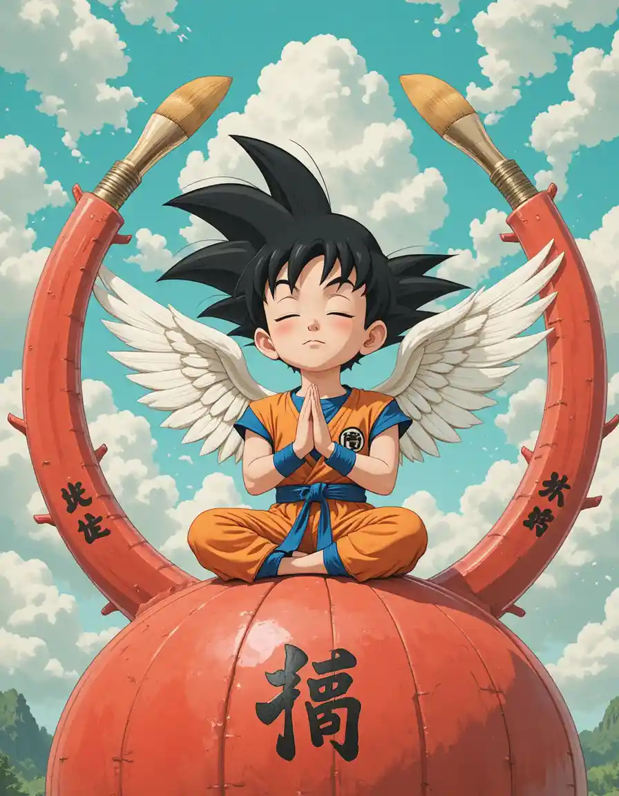 Joven guerrero con alas de ángel meditando sobre esfera roja