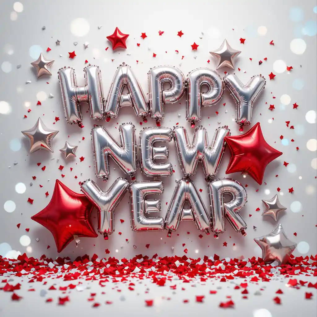 Silver happy new year balloons with stars and confetti
