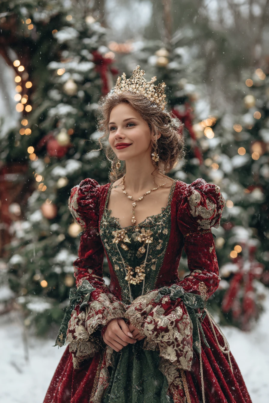 Dame élégante en robe rouge dans une forêt de Noël enneigée