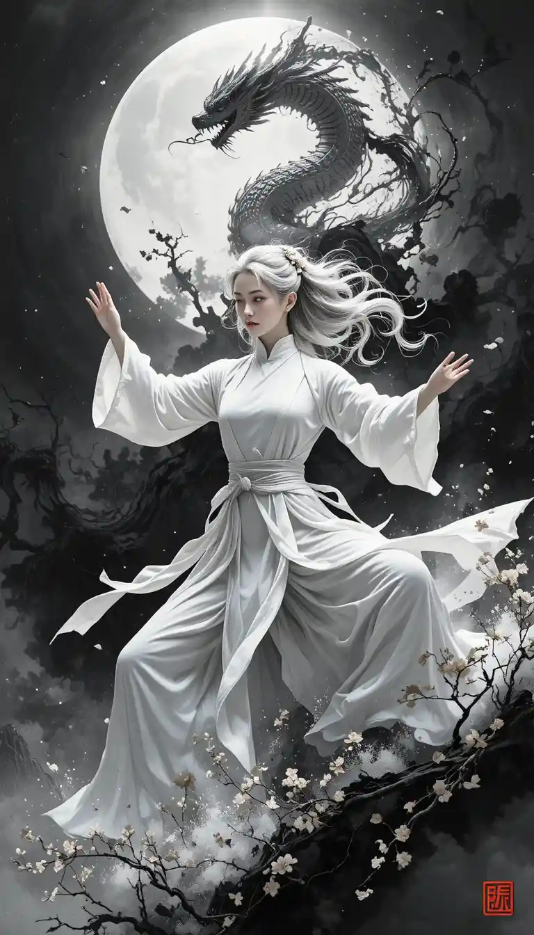 Donna dai capelli argentei in posa di tai chi con inchiostro vorticante