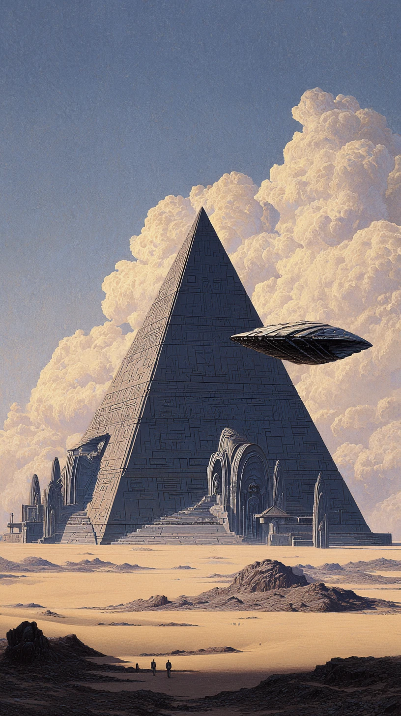 Massive brutalistische Pyramide ragt über einem einsamen Raumschiff empor