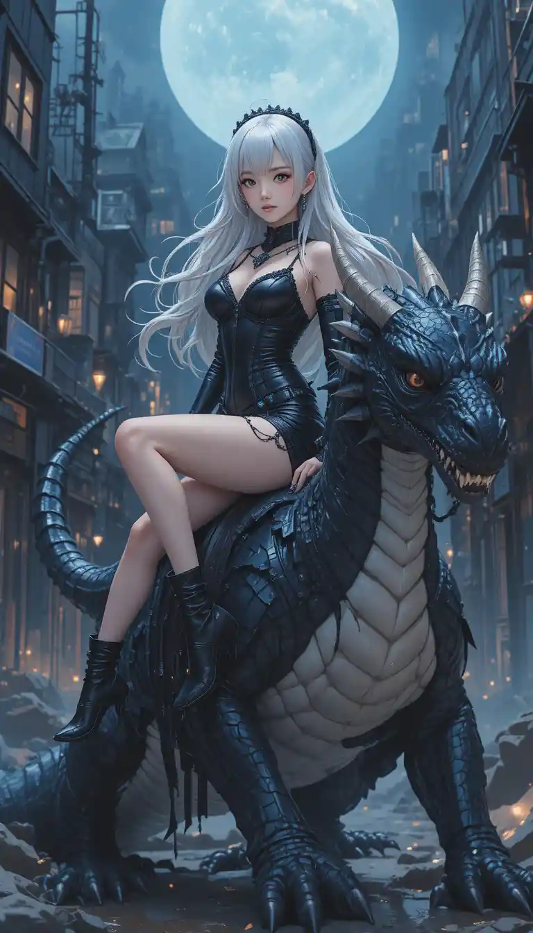 White haired anime girl riding a dragon over city lights