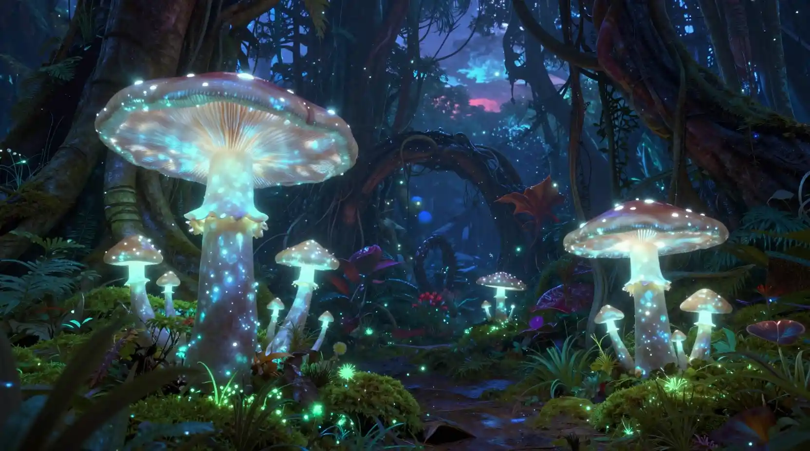 Bioluminescent Crystal Mushrooms In A Mystical Twilight Forest