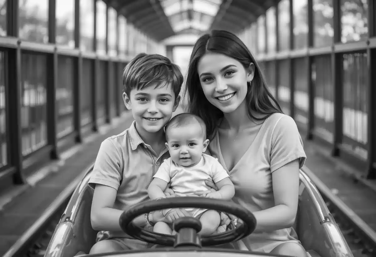 Giovane famiglia su un’auto vintage di un luna park