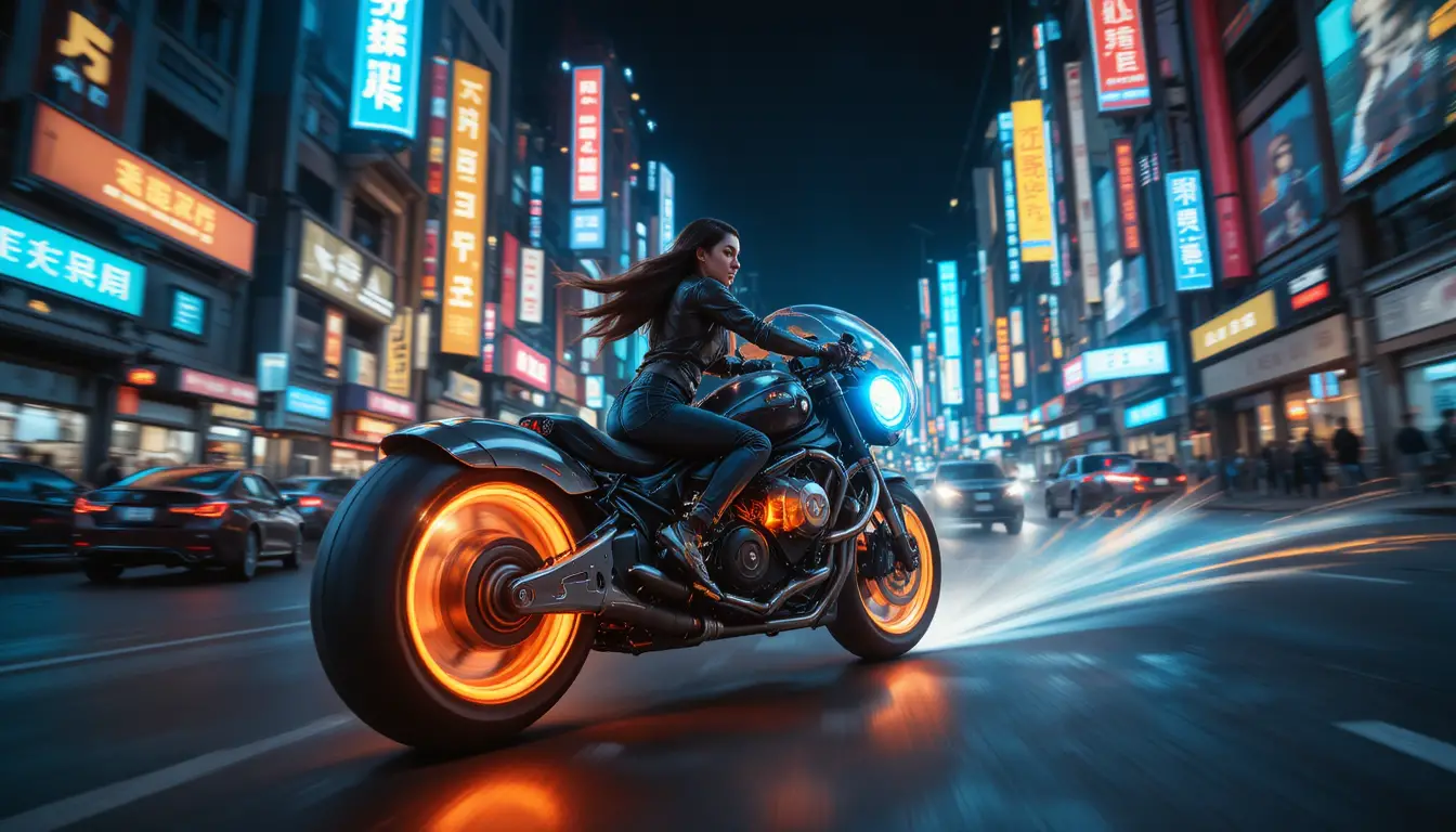 Woman racing a hovercraft through neon cyberpunk streets