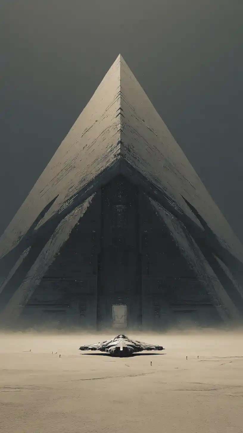 Massive brutalist pyramid rising from a barren desert
