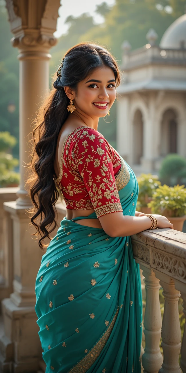 Femme indienne souriante en sari bleu sarcelle sur balcon orné