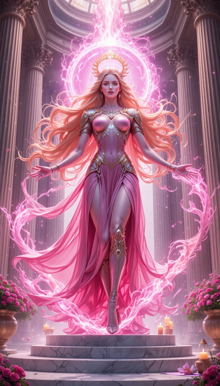 Anime goddess warrior glowing with pink aura in temple
