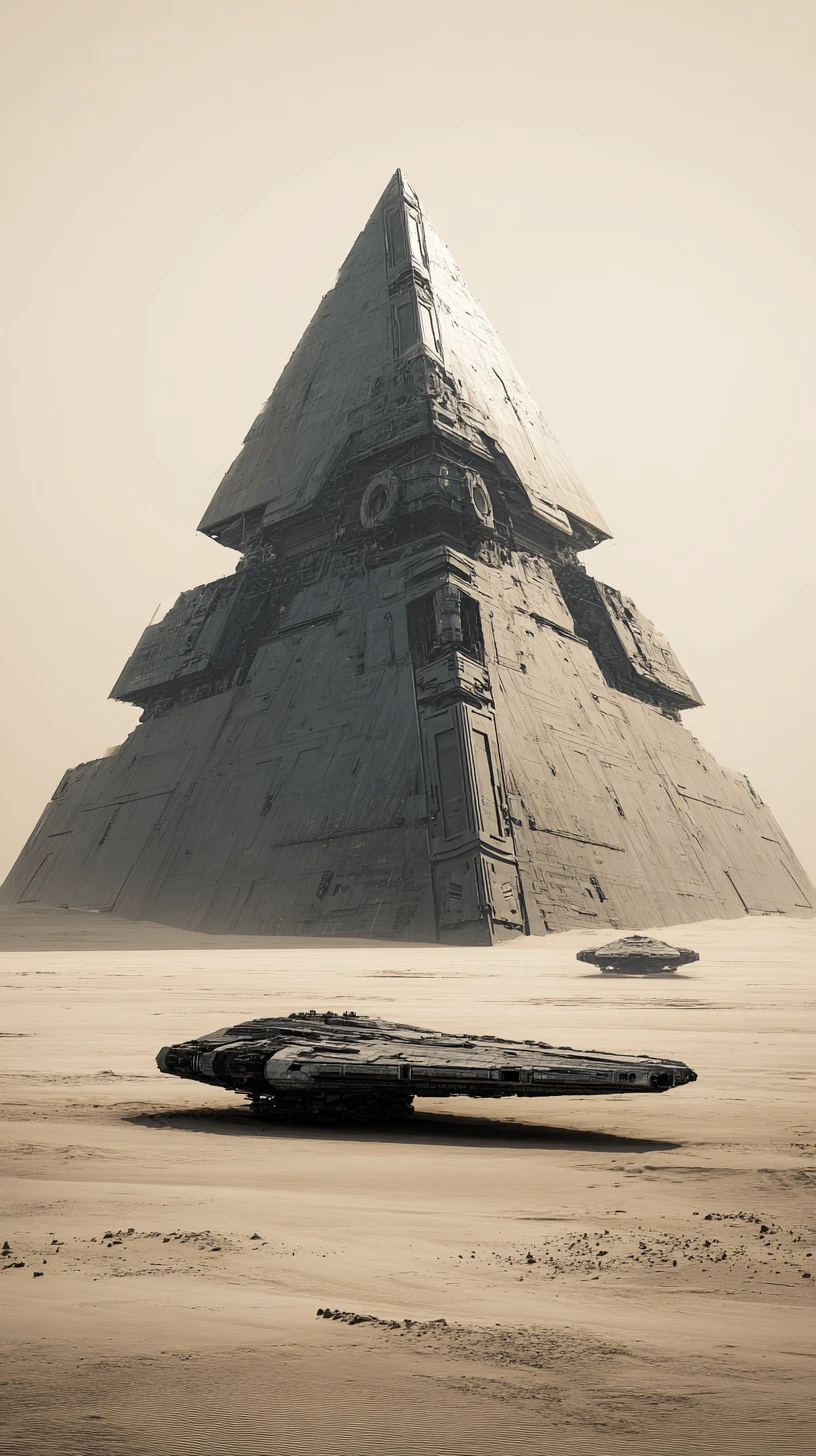 Brutalistische Steinpyramide über einem stillen Wüstenschiff