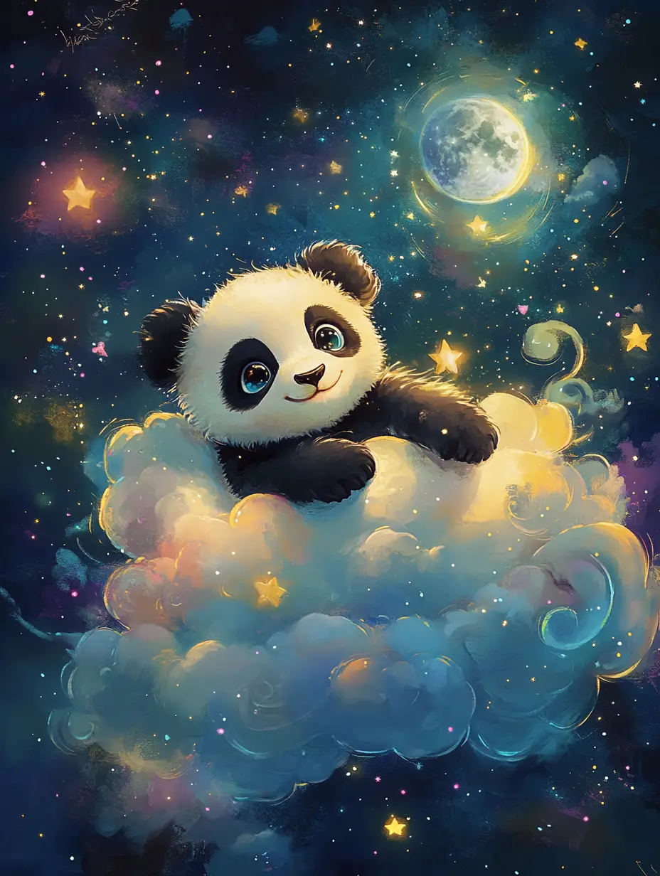 Cute baby panda hugging a fluffy cloud at night sky