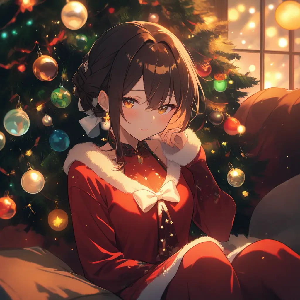 Anime girl in Christmas dress by glowing tree indoors