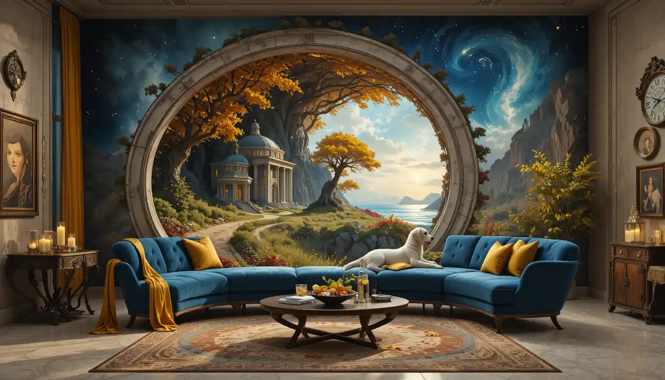 Luxurious living room with dark blue tufted sofa and portal