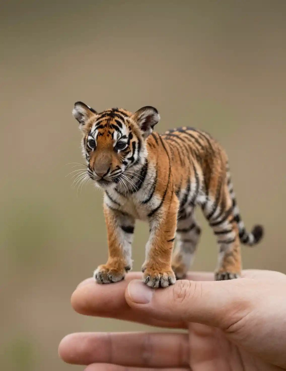 Filhote de tigre minúsculo equilibrado na ponta de um dedo humano em macro