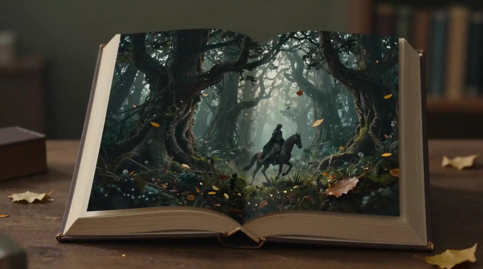 Cloaked rider emerging from an enchanted forest book