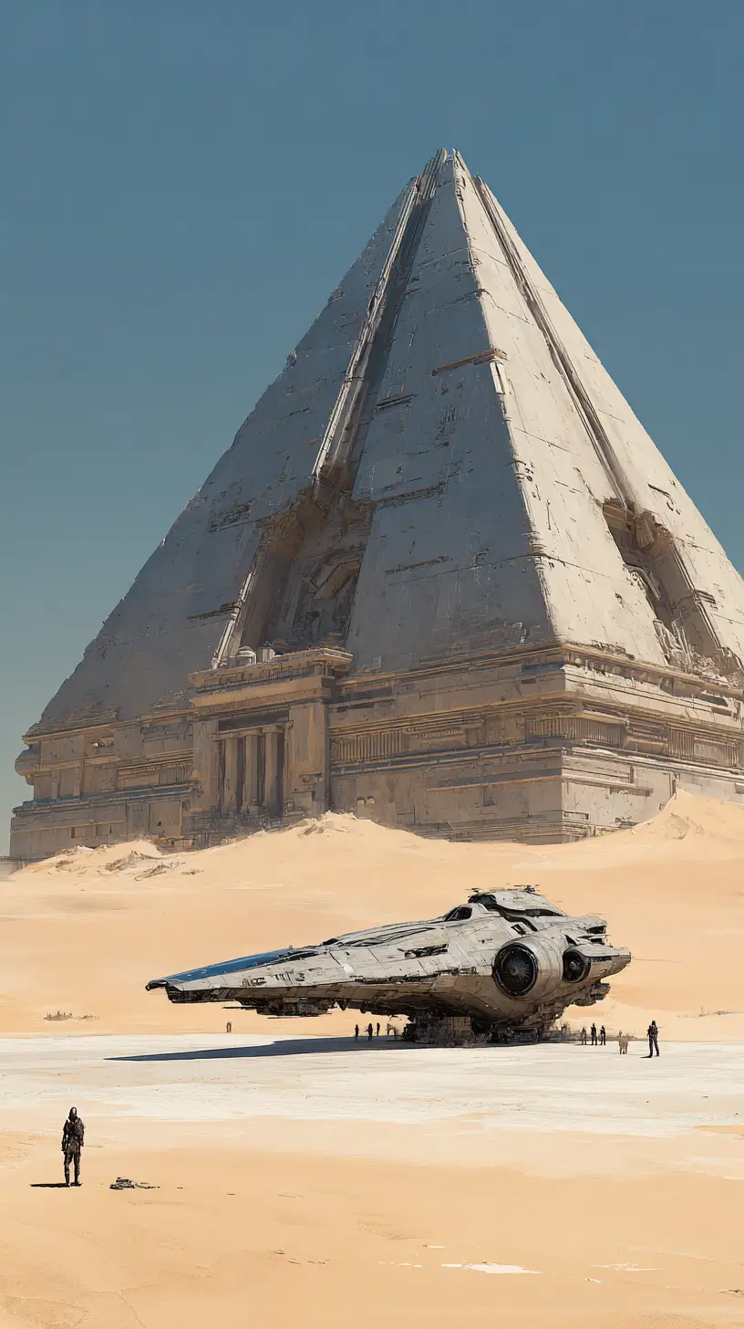 Brutalist stone pyramid towering over a quiet desert scene