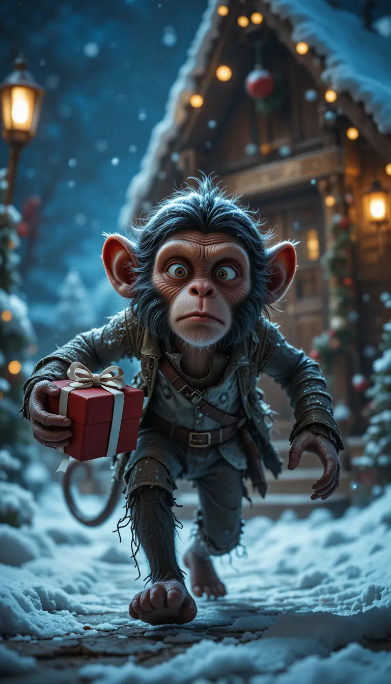 Singe anxieux courant avec un cadeau de Noël volé