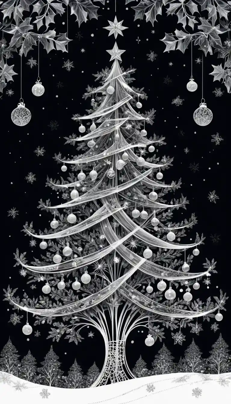 インクで描かれた奇想的な冬のワンダーランドのクリスマスツリー