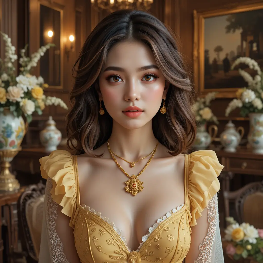 Jovem mulher de vestido amarelo em interior vintage romântico