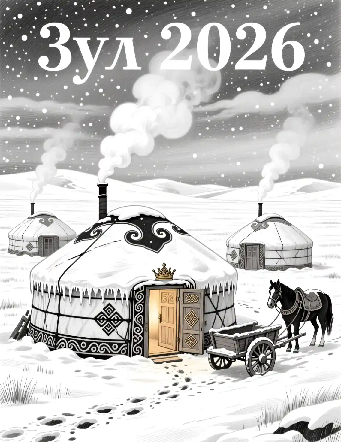 Winter yurts on the Mongolian steppe in pencil drawing
