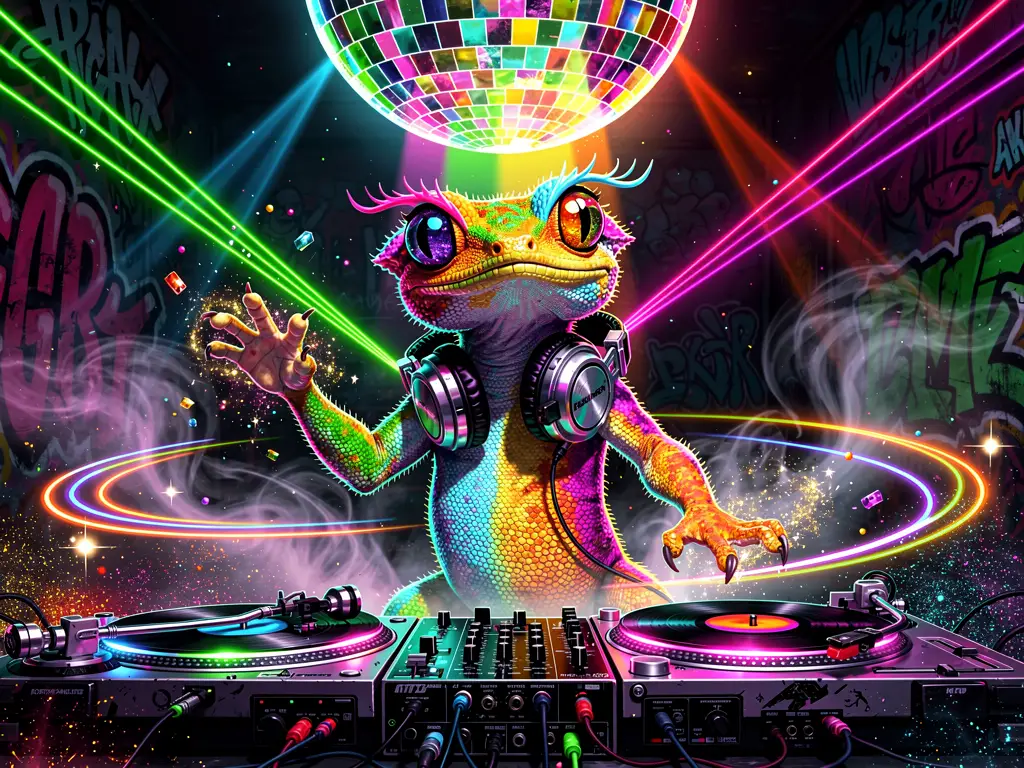 Neon Crested Gecko DJ Spinning Colorful Disco Records