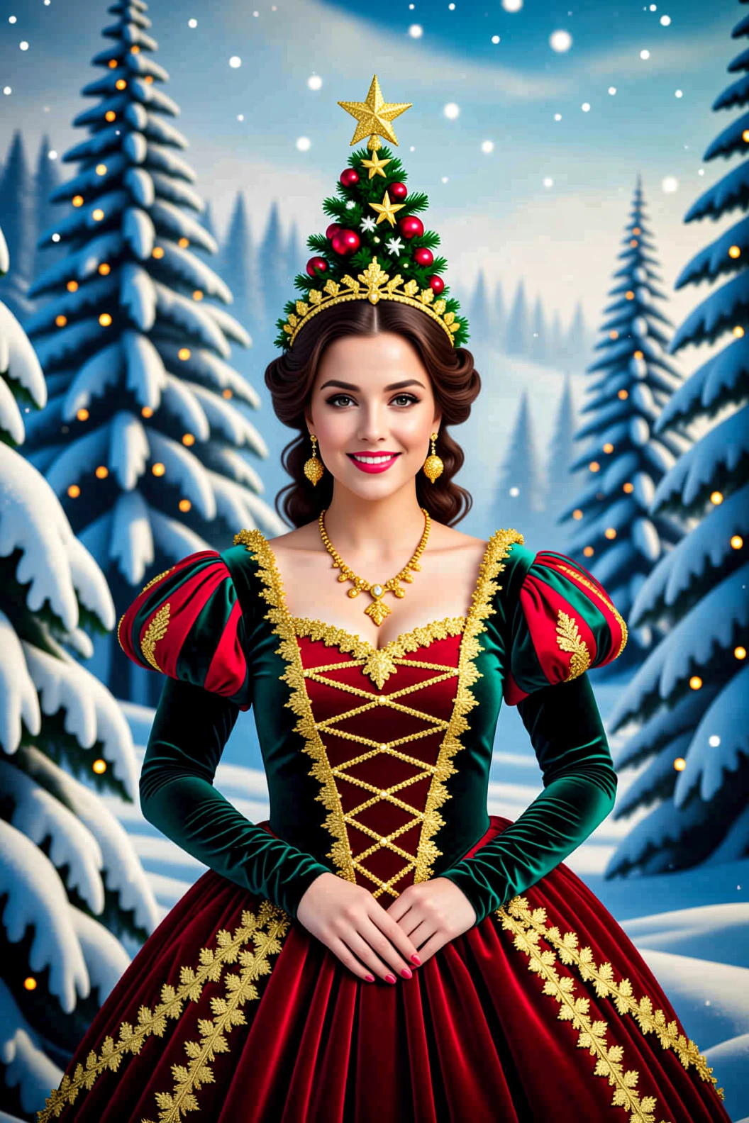 Elegant Christmas lady in red gown in snowy forest