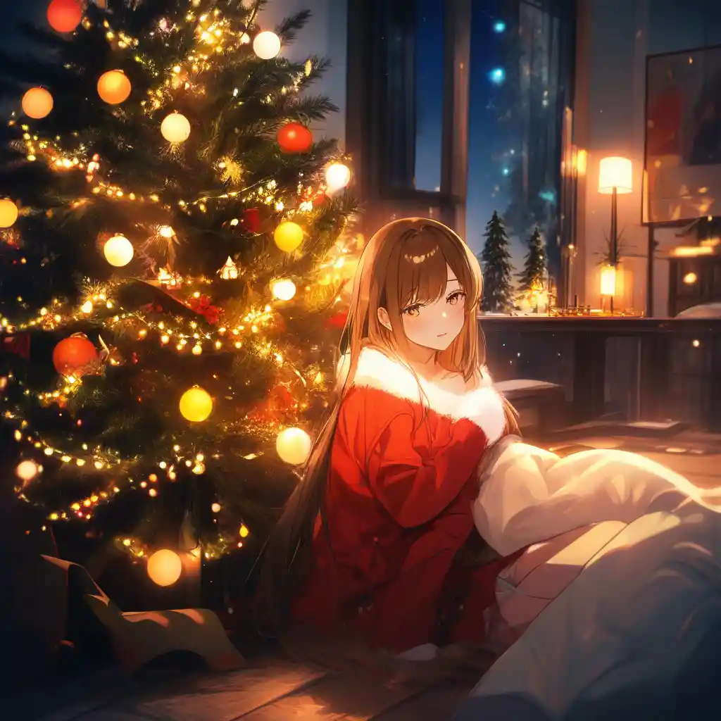 Anime girl in Christmas dress by glowing tree indoors