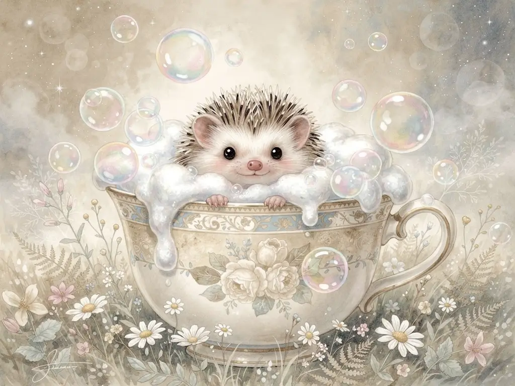 Cute Baby Hedgehog In Bubble Bath Teacup Illustration