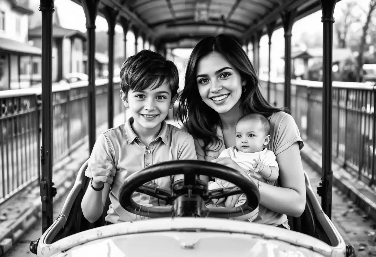 Jeune famille dans une attraction de parc d’attractions en noir et blanc