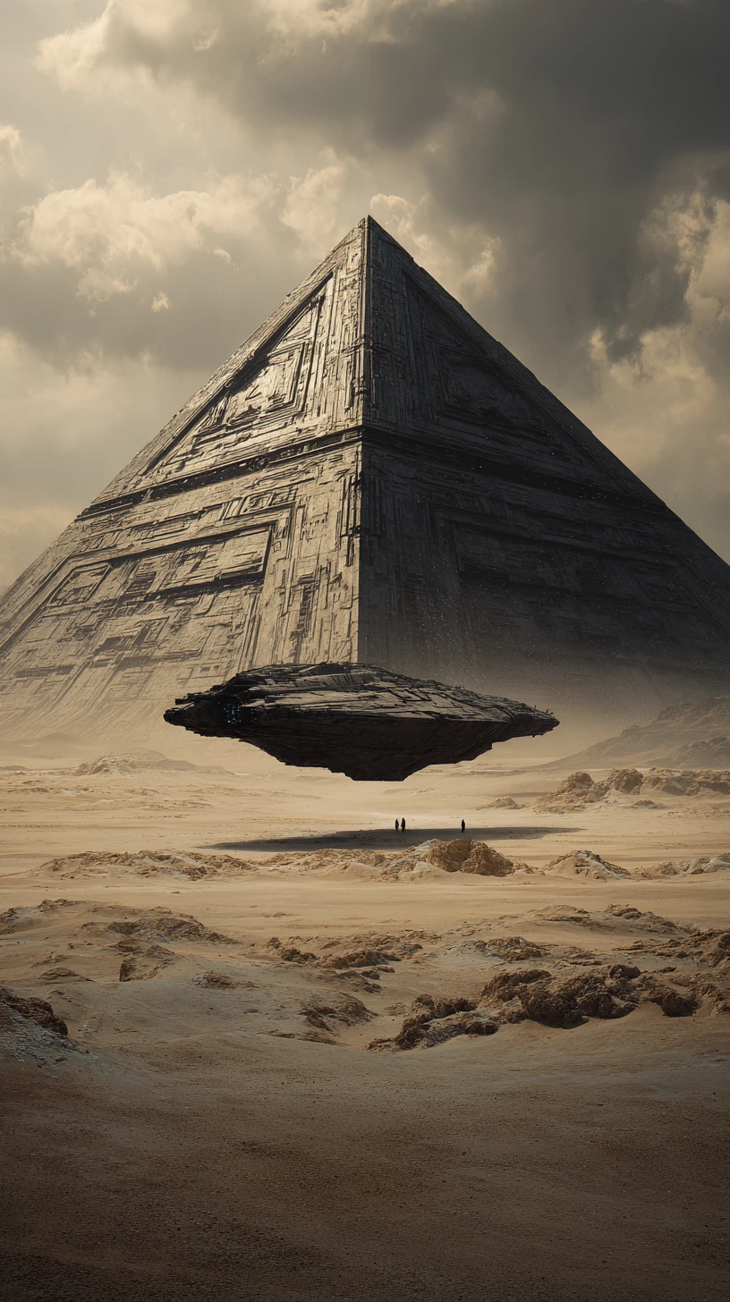 Enorme pirâmide brutalista pairando sobre uma nave espacial solitária