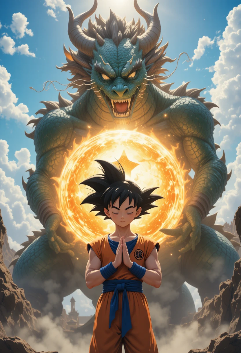 Young warrior praying before a massive glowing dragon ball
