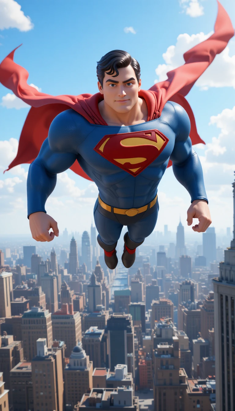 Cartoon superhero flying high above a bright city