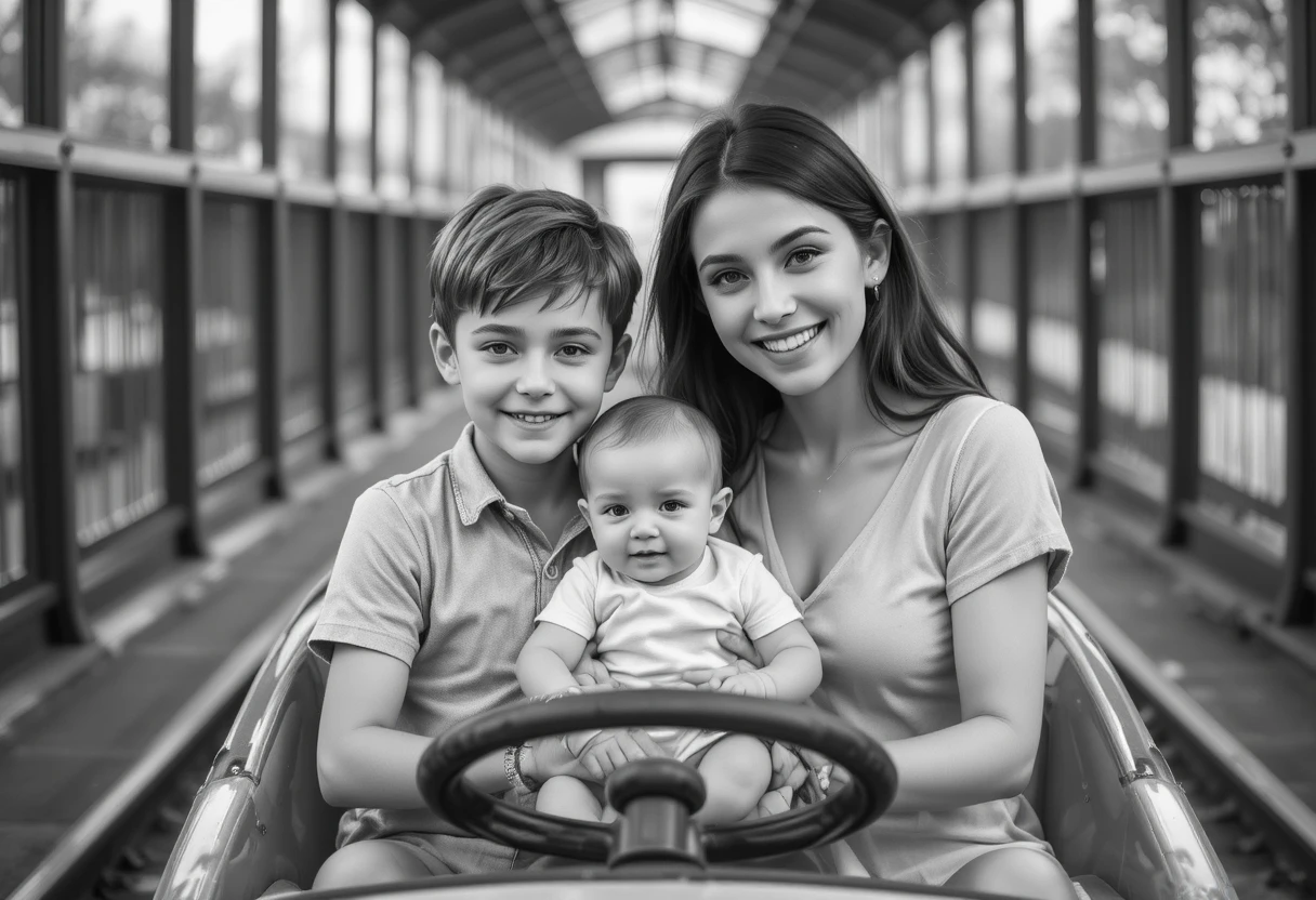 Young family in a vintage amusement park ride car