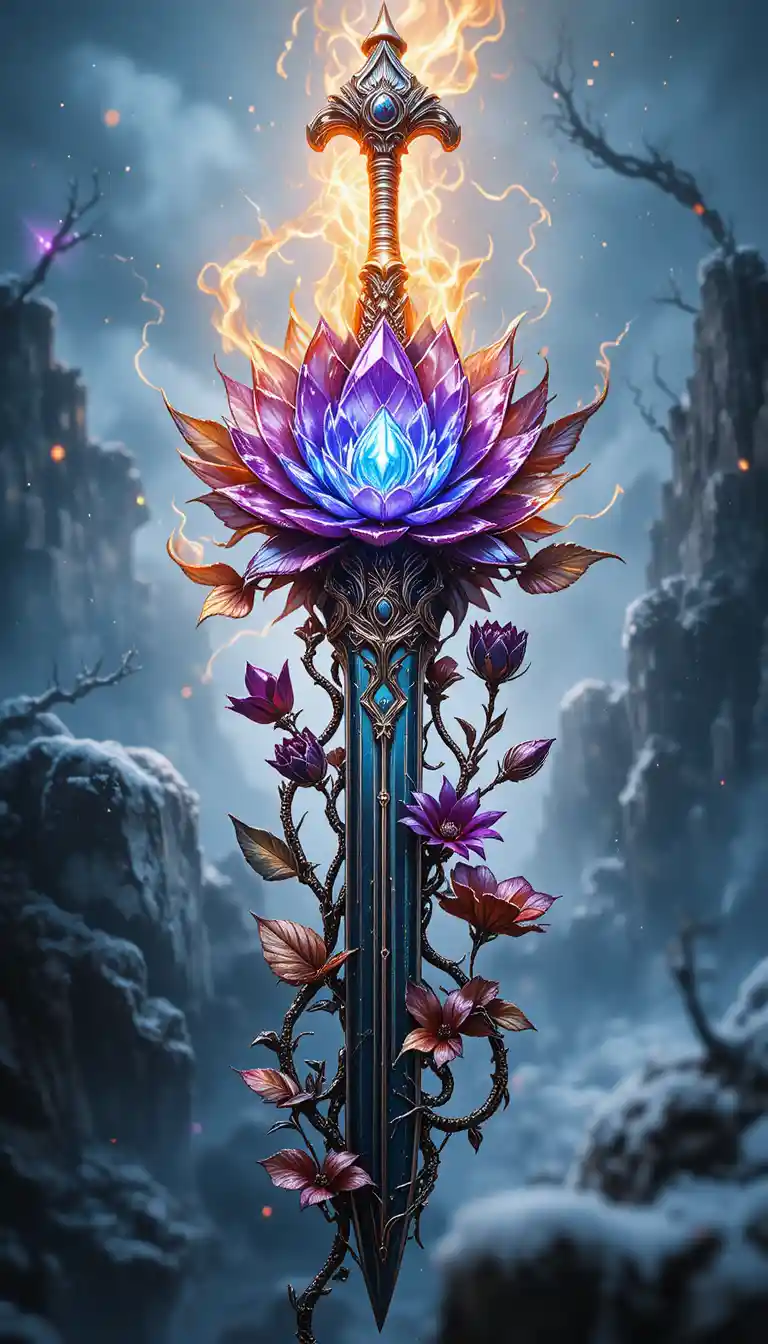 Enchanted alloy sword wrapped in gothic iron flowers