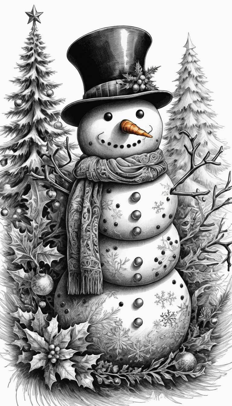 Bonhomme de neige à l’encre complexe composé d’éléments de Noël