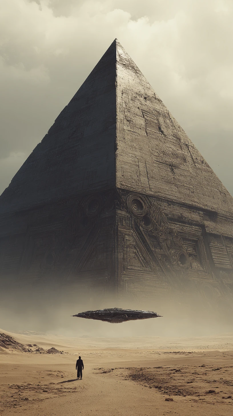 Massiva pirâmide brutalista erguendo-se sobre uma nave espacial solitária
