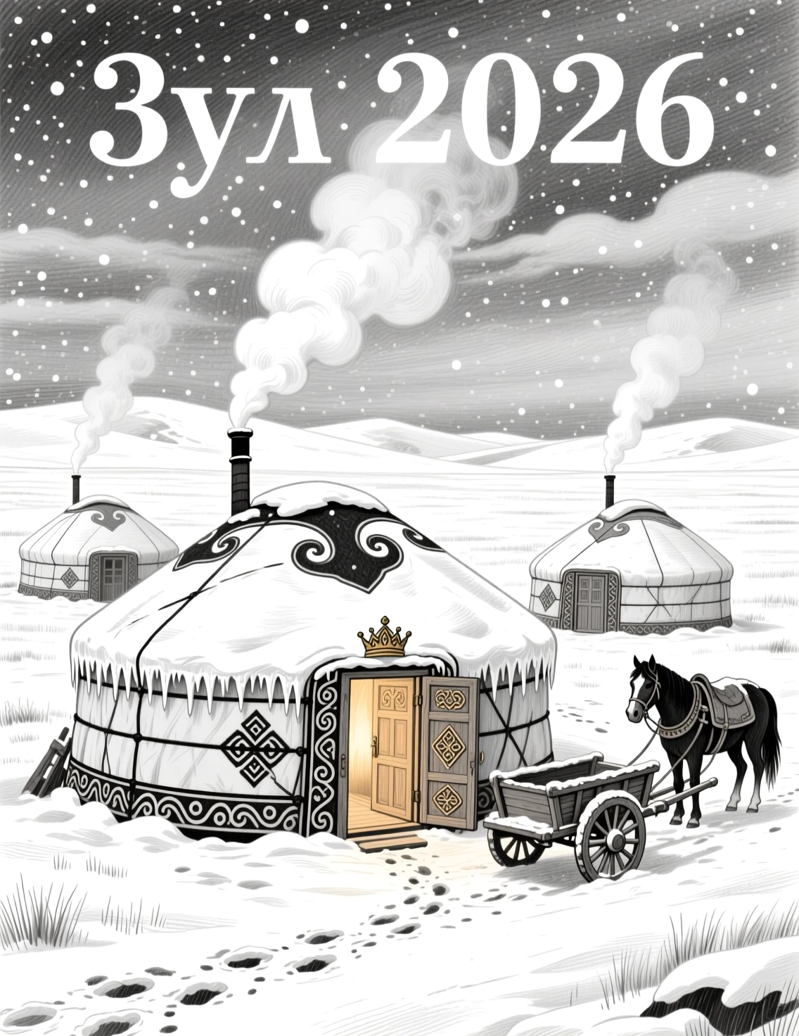 Winter yurts on the Mongolian steppe in pencil drawing