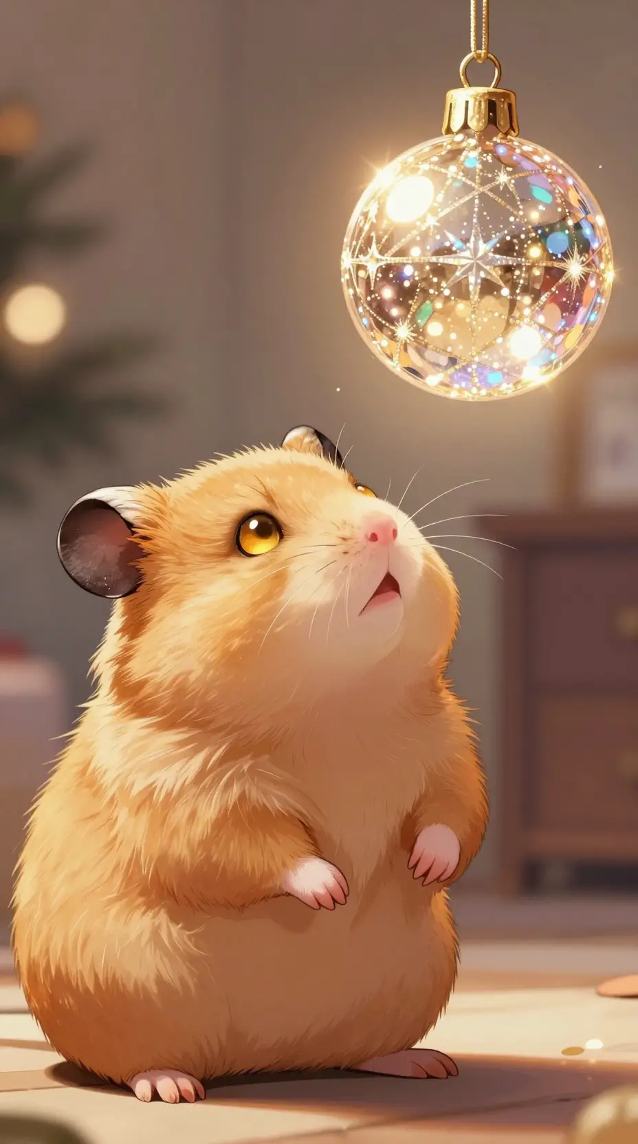 Dolce criceto dorato che guarda una decorazione di Natale