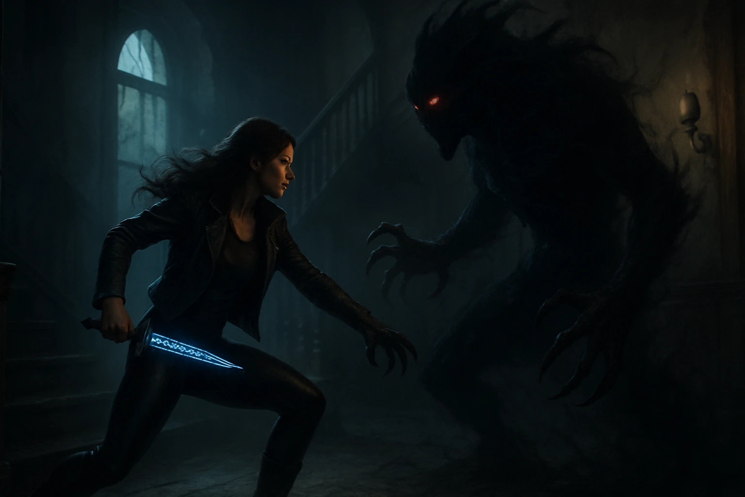 Warrior woman battling a shadow demon in gothic interior