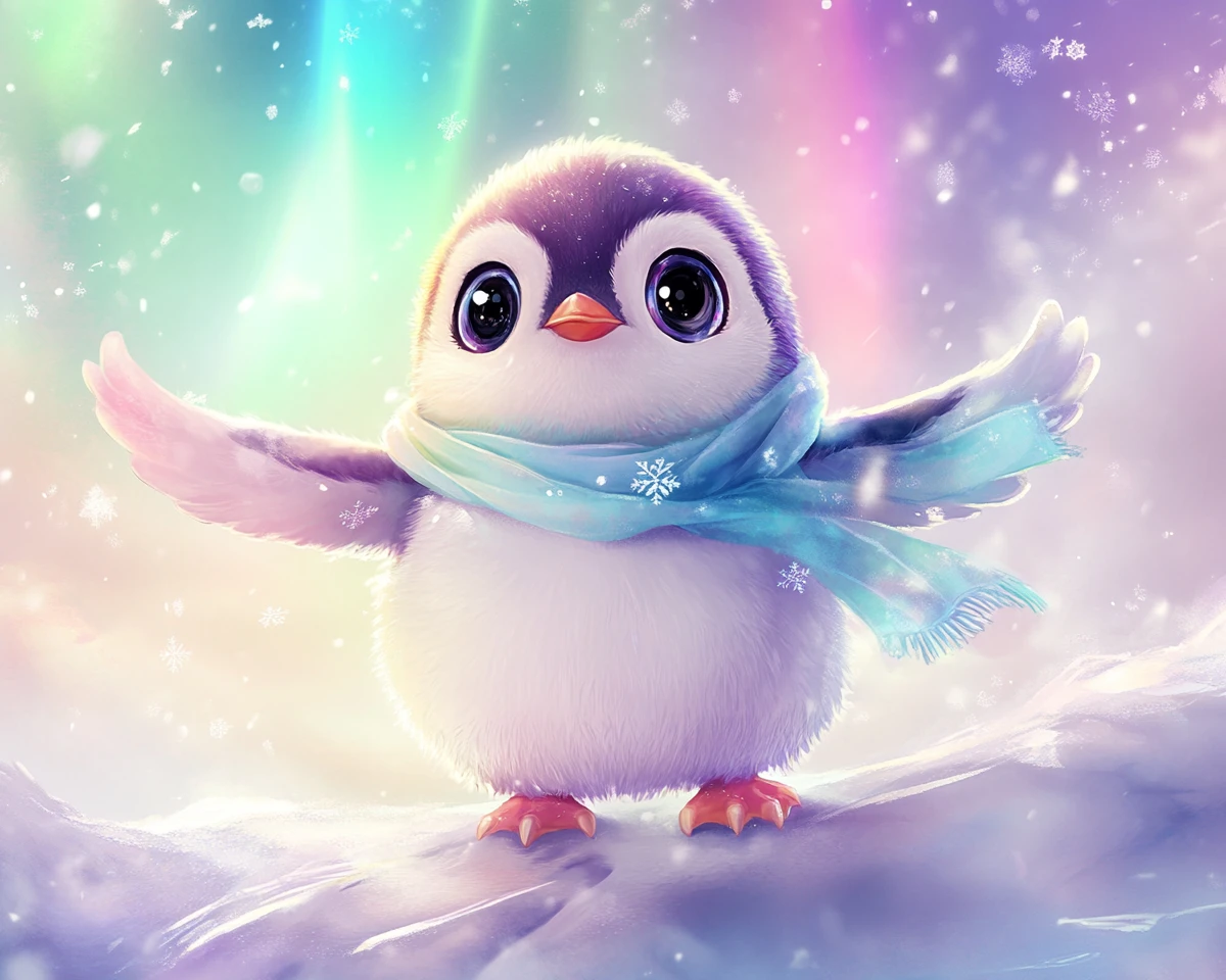 Tierno polluelo de pingüino caminando sobre hielo nevado en tonos pastel