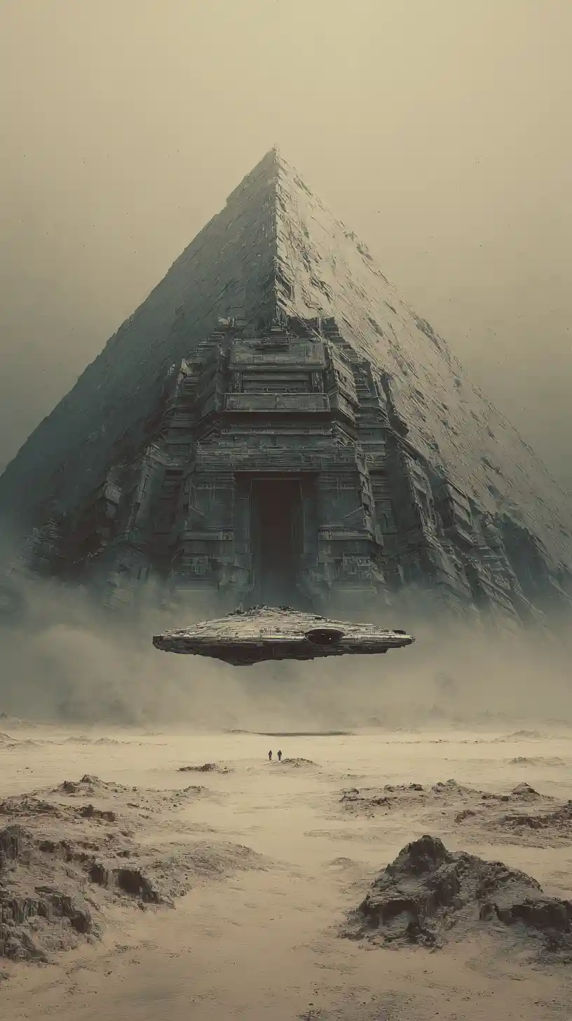 Imponente piramide brutalista che sovrasta astronave nel deserto